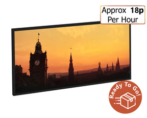 Screen displaying a cityscape with a clock tower at sunset, labeled 'Ready To Go!' and 'Approx 18p Per Hour'.