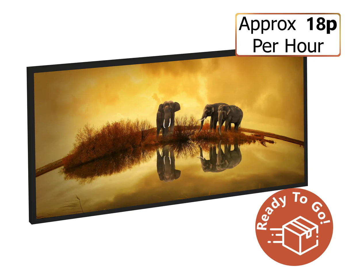 Large screen displaying two elephants by a waterhole with text and icon indicating pricing and availability.