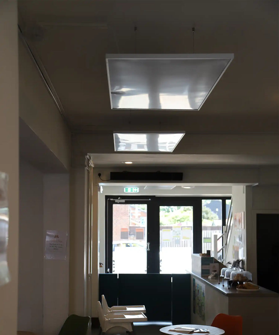 KIASA infrared heating panels suspended from the ceiling in the reception area of Little Foxes Play Town, providing discreet and efficient warmth.

