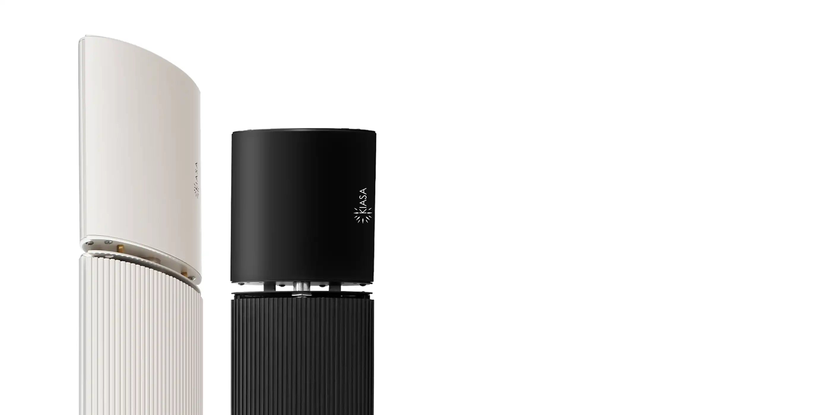 Two Kiasa Ikon Heater Bars, one white and one black, on a white background.