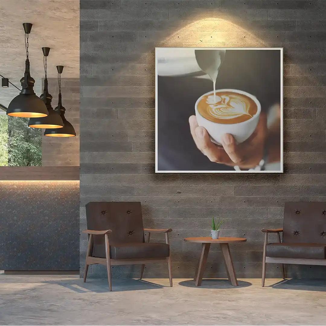 Kiasa Customer IR PANEL in cafe with an image of coffee being poured into mug 