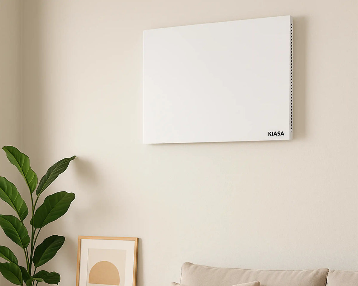 Kiasa Kore Hybrid hybrid infrared panel mounted on the wall of a living room 