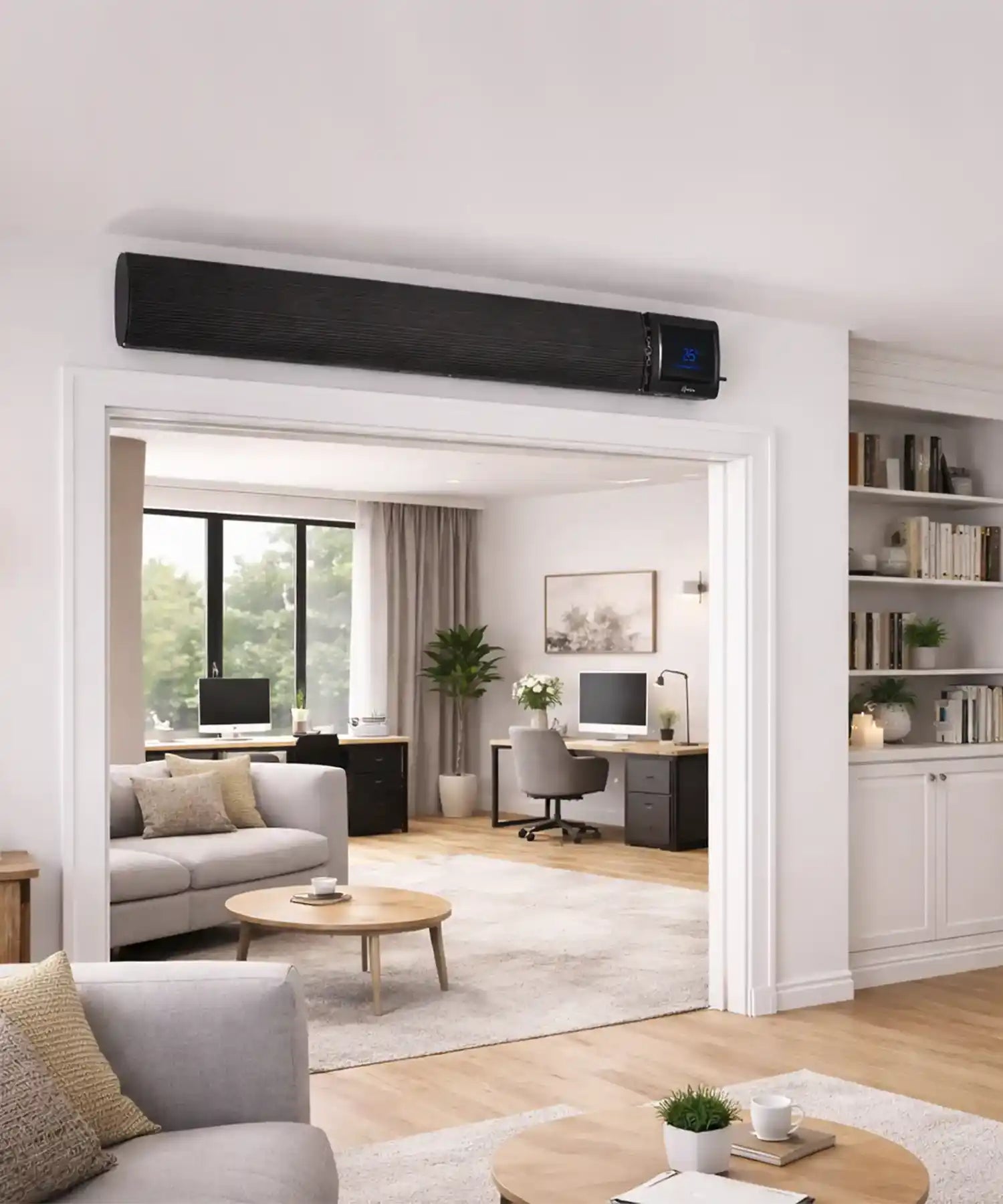 Wall mounted infrared heater bar warming large open plan living area and office space.
