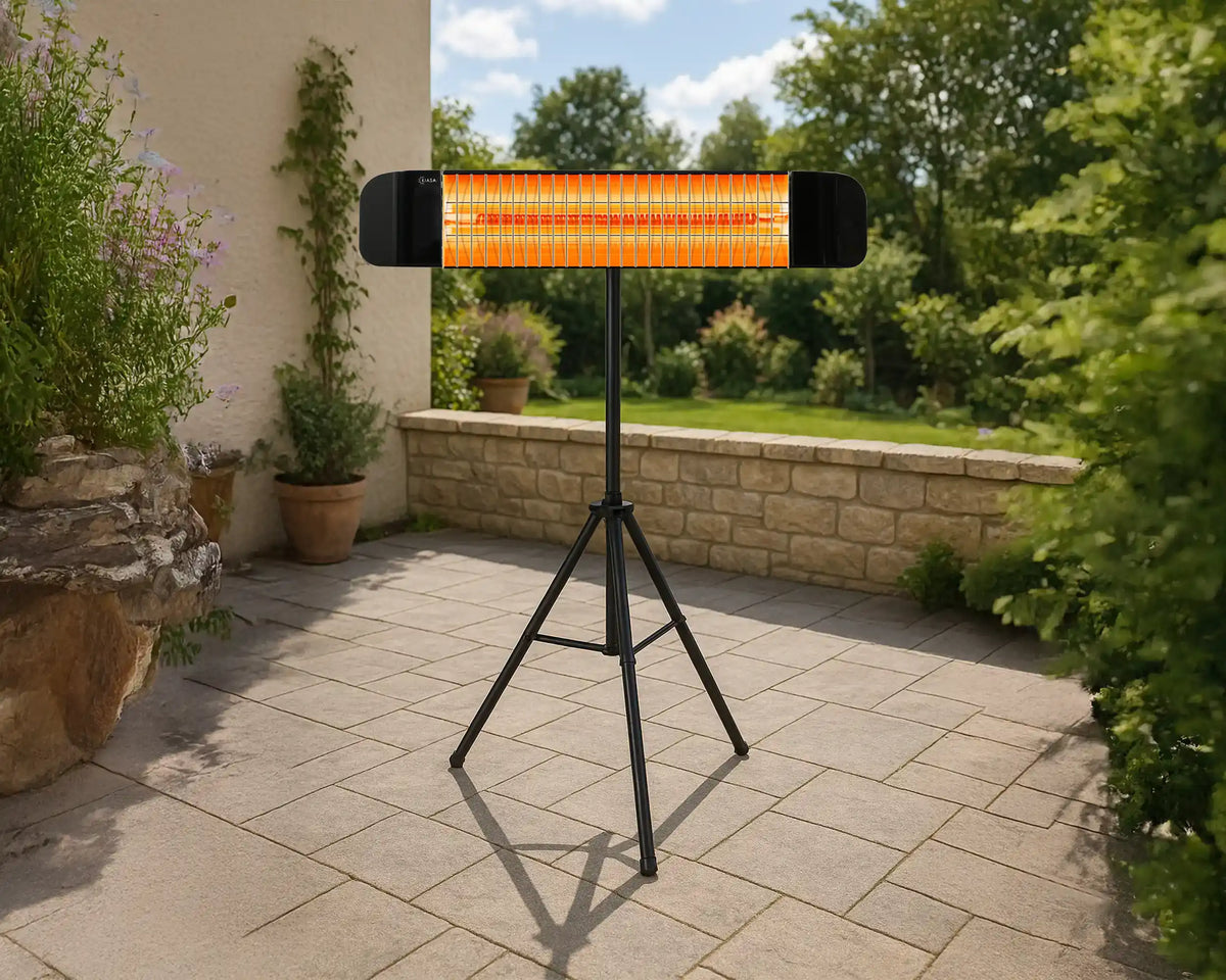 KIASA Sona outdoor infrared heater on the tripod floor stand on a patio