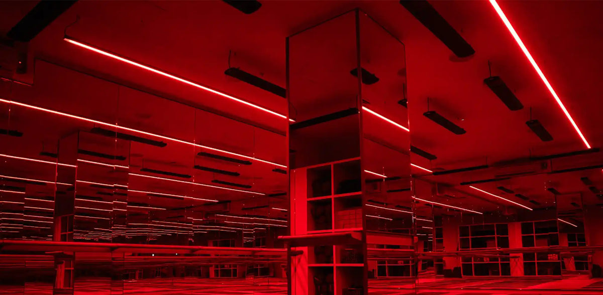 Hot yoga class in warrior pose beneath ceiling-mounted Yoga Balance infrared bars