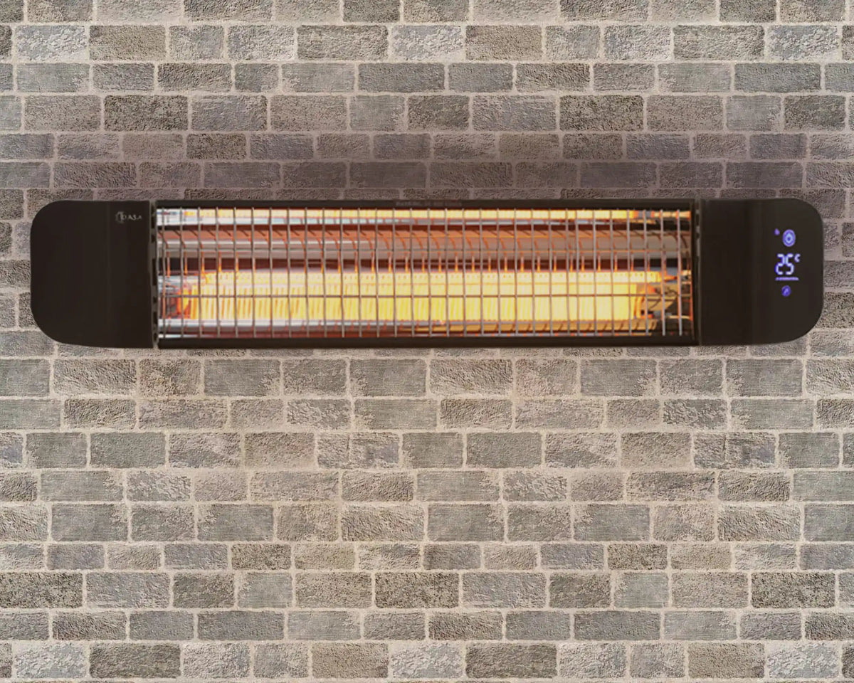 KIASA Sona outdoor infrared heater mounted on a brick wall with the heating element glowing