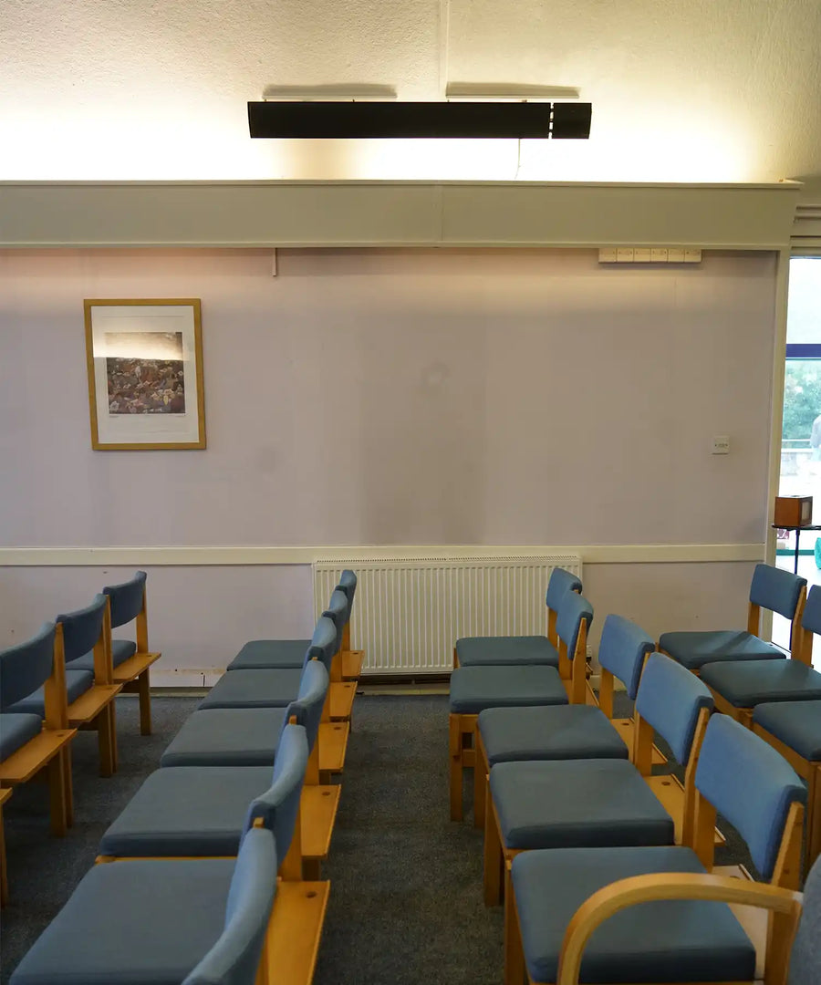 Raydr Road infrared heater installed outdoors providing efficient directional heating