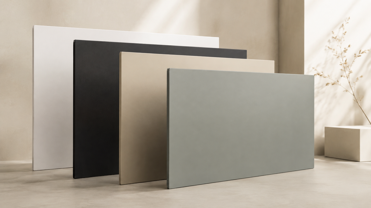 Four Kore P-Series panels leaning in a row: white, black, beige and sage green