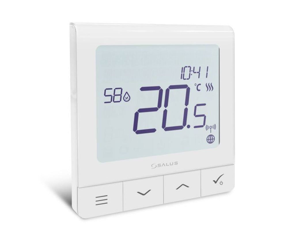 A white Salus Quantum Thermostat displaying temperature and other settings on its digital screen.
