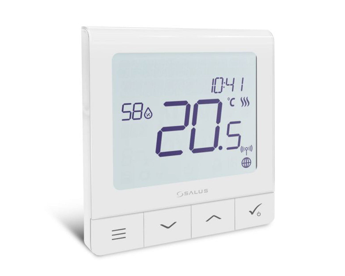 A white Salus Quantum Thermostat displaying temperature and other settings on its digital screen.